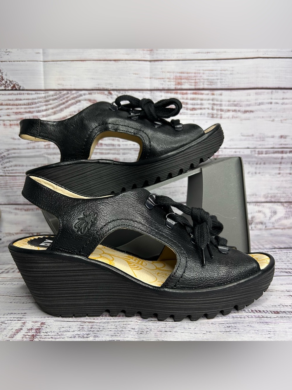 Fly London Lace Up Wedge Sandals Black Leather Women’s Size US 8-8.5/ EU 39